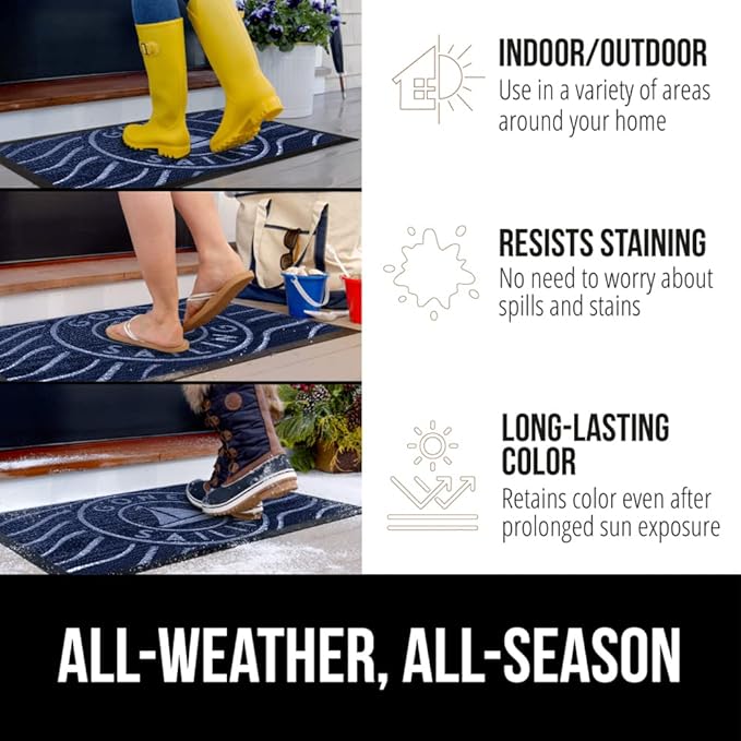 GORILLA GRIP 100% Waterproof All-Season WeatherMAX Doormat 35x23, US Designed Natural Rubber, Stain and Fade Resistant, Low Profile Indoor Outdoor Door Mats, Easy Clean Patio Mat, Blue Sailing