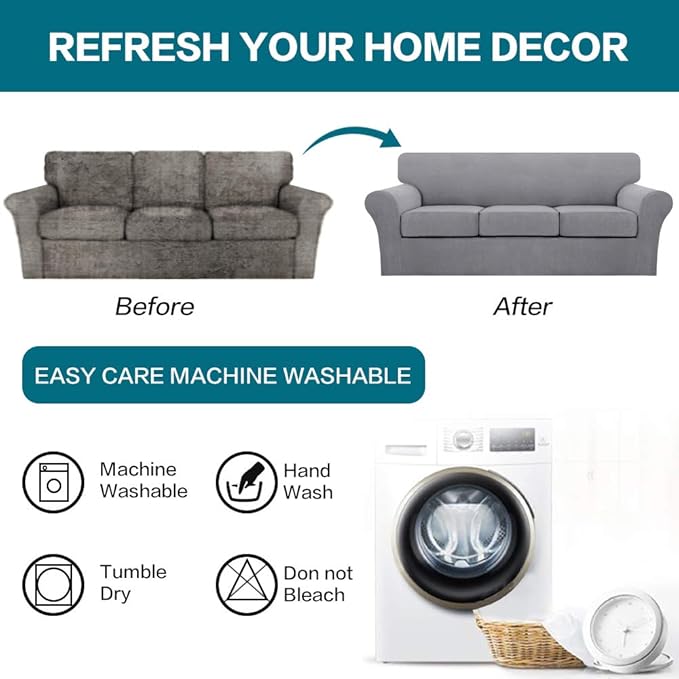 Turquoize 4 Piece Sofa Covers for 3 Cushion Couch Sofa Slipcover Soft Couch Cover for Dogs-Washable Sofa Furniture Covers with 3 Individual Large Cushion Covers (XL Sofa, Dove)