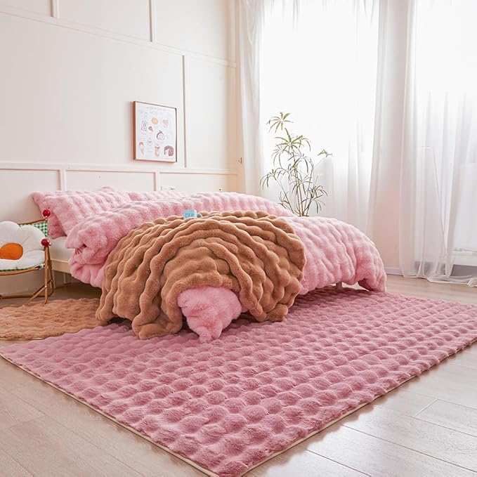 Pink Rabbit Plush Rug 5'x8', Fluffy Faux Fur Shaggy Area Rug for Nursery, Kids Room Decor, Soft Fuzzy Carpet for Living Room, Bedroom, Teen Girls Room