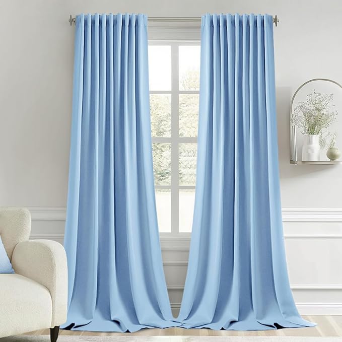 MIULEE Sky Blue Back Tab Blackout Curtains 108 Inch Long 2 Panels Set for Bedroom, Rod Pocket/Pinch Pleat Extra Long Thermal Insulated Living Room Darkening Pleated Light Blocking Drapes
