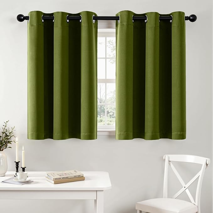 MIULEE Short Curtains for Windows - Light Olive Green Blackout Half Window Curtains Thermal Insulated Privacy Drapes for Kitchen Bedroom Bathroom Grommet Small Basement Tiers W40 x L36 Inch 2 Panels