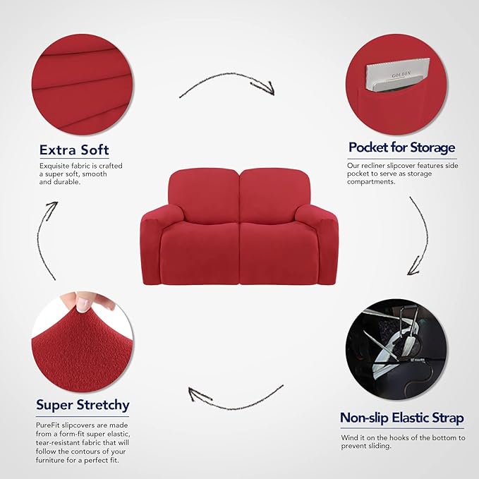 PureFit Super Stretch Loveseat Recliner Sofa Couch Cover with Pocket – 2 Seats Non Slip Soft Sofa Slipcover, Washable Reclining Furniture Protector for Kids, Pets (Recliner Loveseat, Red)