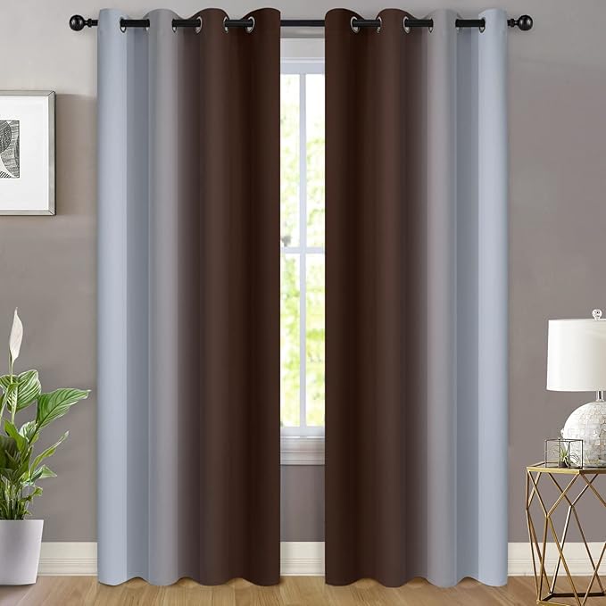 Yakamok 84 Inch Length Thermal Insulated Gradient Color Ombre Curtains with Grommet, Room Darkening Window Drapes for Bedroom (Brown and Greyish White, 52x84 Inch, Set of 2)