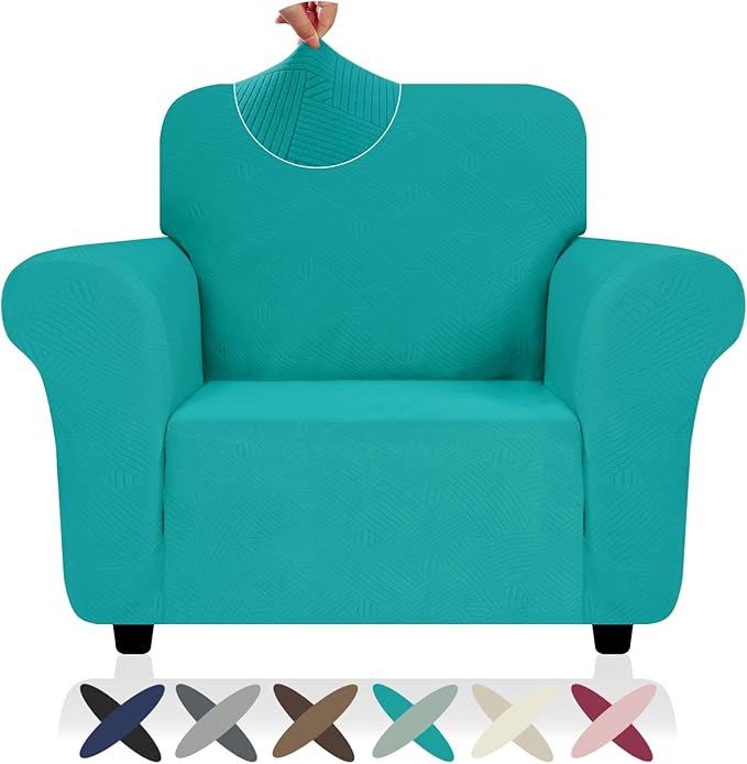 ZNSAYOTX Chair Cover with Arms (30"-47"), New Striped Sofa Chair Covers for Living Room, Dogs Pet Friendly Anti-Slip Chair Protector Spandex Armchair Slipcovers (Peacock Teal, Chair)