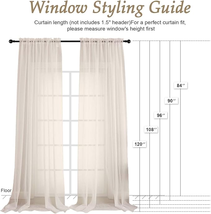 OVZME Cream Sheer Curtains 120 Inches Long 2 Panels Set, 59 Inch Extra Wide Soft Airy Lightweight Sheer Curtains for Living Room, Farmhouse Voile Filmy Rod Pocket Drapes, 59Wx120L Inches