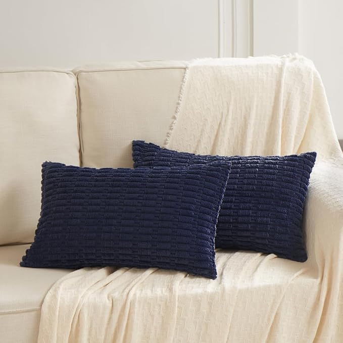 Fancy Homi 4 Packs Navy Blue Decorative Throw Pillow Covers 16x24 Inch for Living Room Couch Bed Sofa, Rustic Modern Farmhouse Boho Home Decor, Soft Plush Corduroy Cute Square Cushion Case 40x60 cm