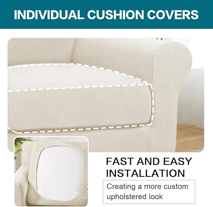 Turquoize 2 Piece Chair Covers Armchair Slipcovers for Living Room Armchair Sofa Cover with Individual Cushion Covers Feature Jacquard Fabric (Chair, Cream)