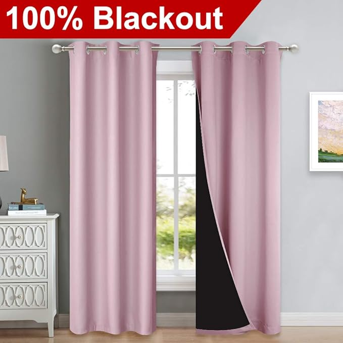 NICETOWN 100% Blackout Window Curtain Panels, Heat and Cold Blocking Drapes with Black Liner for Nursery, 84-inch Drop Thermal Insulated Draperies (Lavender Baby Pink, 2 Pieces, 42-inch Wide)