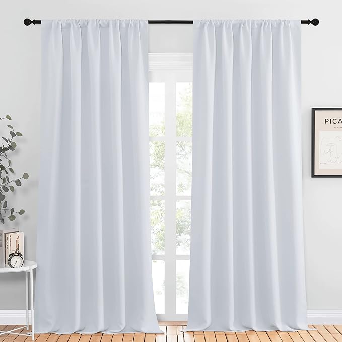 NICETOWN Greyish White Bedroom Curtain Panels - Multi-Function Noise Reducing Performance Window Treatment Thermal Insulated Room Darkening Drapes for Nursery (2 Panels, 52 in x 95 in (W x L))