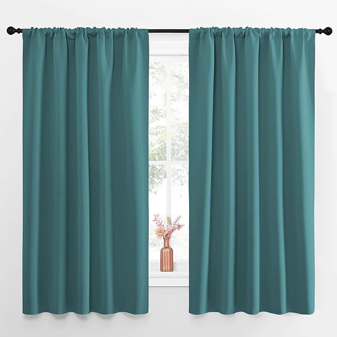 NICETOWN Kitchen Window Curtain Set - Window Treatment Thermal Insulated Solid Room Darkening Rod Pocket Drapes for Bedroom (Sea Teal, Set of 2, 52 by 63 inches Long)