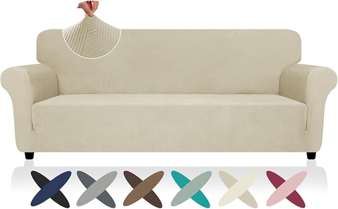 ZNSAYOTX Oversized Super Stretch Couch Cover (92"-115"), New Striped Sofa Covers Comfortable & Durable, Dog Cat Pets Friendly Extra Large Spandex Sofa Slipcovers (Khaki, XL Sofa)
