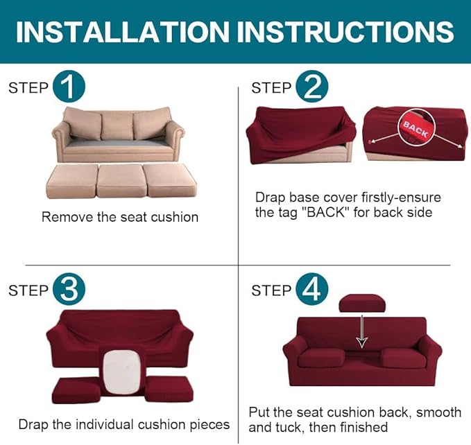 Turquoize 4 Piece Sofa Covers for 3 Cushion Couch Sofa Slipcover Soft Couch Cover for Dogs Washable Furniture Cover with 3 Individual Large Cushion Covers Feature Fabric (Large Sofa, Burgundy)