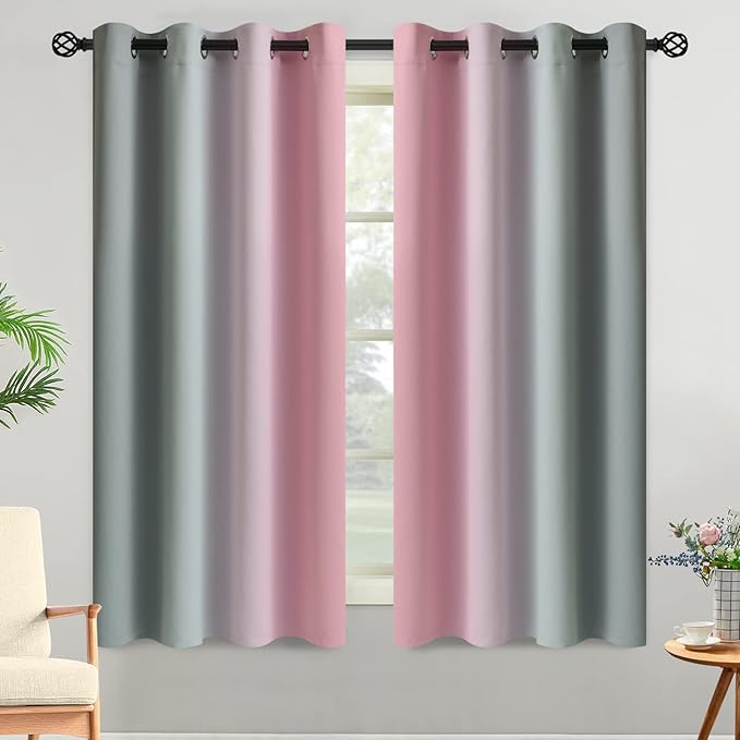 Yakamok Ombre Grey and Pink Curtains for Bedroom, Gradient Room Darkening Curtains 63 inches Long,Grommet Thermal Insulated Light Blocking Window Drapes/Curtain for Living Room,52 x 63 Inch,2 Panels