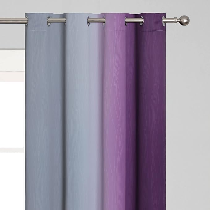Purple and Grey Blackout Curtains 84 Inches Long,Ombre and Wavy Line Pattern 100% Blackout Curtains for Bedroom,Full Light Blocking Grommet Thermal Insulated Drapes for Kids Room, 52x84 Inch, 2 Panels