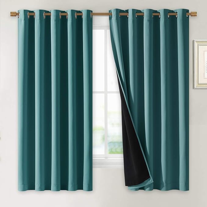 NICETOWN 100% Blackout Curtains with Black Liners, Sea Teal, 2 Panels, 62-inch W by 63-inch L, Thermal Insulated Full Blackout 2-Layer Lined Drapes, Energy Efficiency Window Draperies for Bedroom