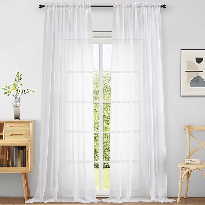 Sheer Curtain Panels, White Light-Filtering Polyester, 2 Pack, 59 x 144 Inch