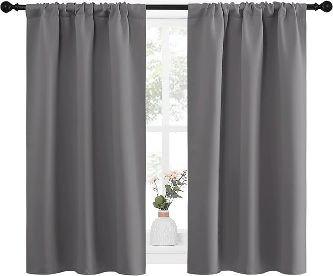 NICETOWN Grey Window Curtains for Bedroom - Home Decoration Thermal Insulated Rod Pocket Blackout Blinds & Drapes for Small Windows (Gray, 2 Panels, W34 x L45 -Inch)