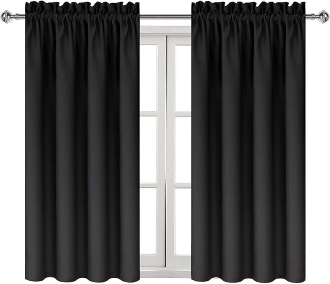 DWCN Blackout Curtains Room Darkening Thermal Insulated Bedroom Curtains Window Treatments, 42 x 45 inches Long, Set of 2 Black Rod Pocket Drapes