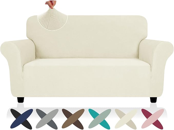 ZNSAYOTX Super Stretch Loveseat Covers (57"-70"), New Striped Love Seat Slipcover, Dogs Pet Friendly Anti-Slip Couch Protector Spandex Durable 2 Seater Fabric Sofa Cover (Beige, Loveseat)
