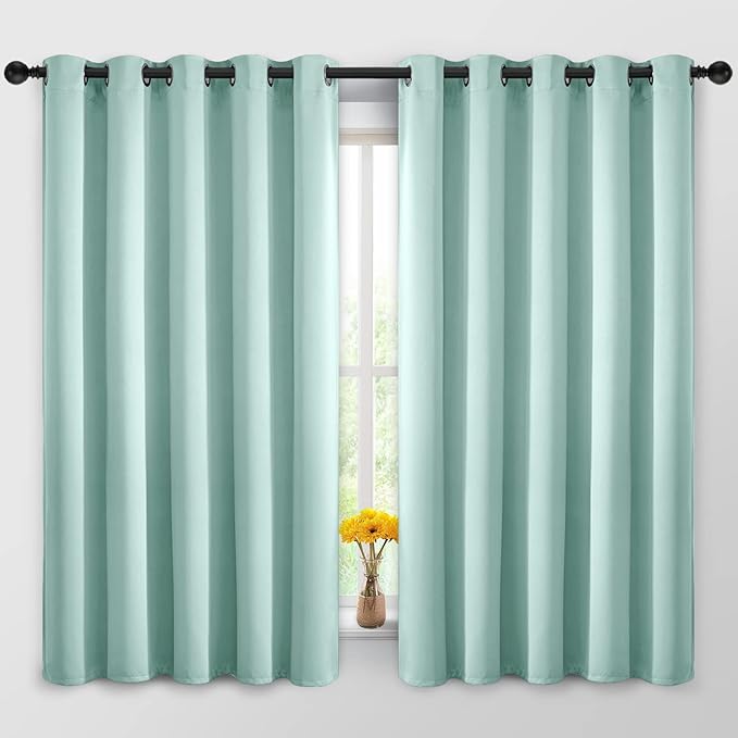 Yakamok Blackout Curtains Room Darkening Thermal Insulated Window Panels,Solid Grommet Top Drapes for Bedroom/Living Room(62Wx63L, Aqua, 2 Panels)