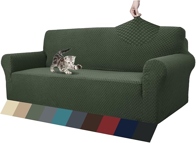 ZNSAYOTX 1 Piece Jacquard Couch Covers for 3 Cushion Couch Living Room High Stretch Sofa Cover Pets Dogs Friendly Anti Slip Thickened Slipcovers Furniture Protector (Sofa, Army Green)