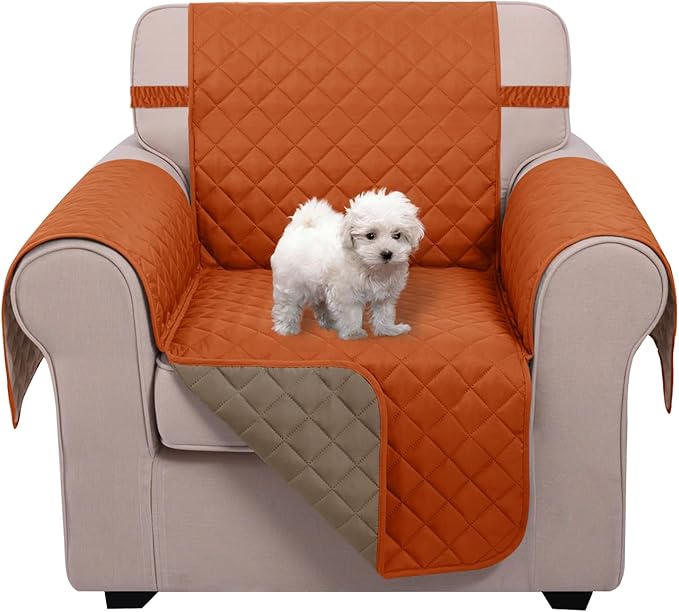 U-NICE HOME Reversible Oversized Chair Covers Quilted Water Repellent Pet Protectors with Elastic Straps(28''Armchair, Orange/Taupe)