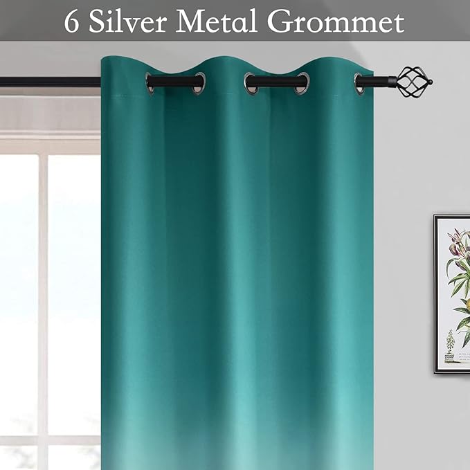 SimpleHome Ombre Room Darkening Curtains for Living Room, Light Blocking Gradient Teal to Grey White Thick Thermal Insulated Grommet Window Curtains/Drapes for Bedroom, 2 Panels, 52x63 inches Length