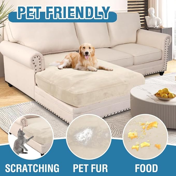 H.VERSAILTEX Velvet Stretch Individual Chaise Cover Sectional Couch Covers for L Shaped Sofa Both Left/Right Furniture Protector Seat Cushion Sofa Cover (1 Piece Chaise Cover, Cream)