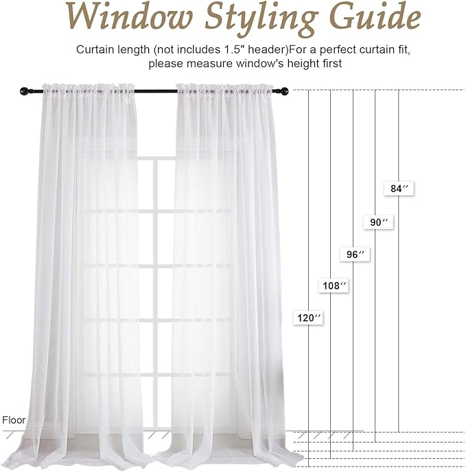 OVZME White Bedroom Curtains 96 Length for Farmhouse, 59 Inch Extra Wide Light Filtering Voile Drapes Light Airy Window Decor for Patio Door Living Room Bedroom Dining, 59Wx96L Inches