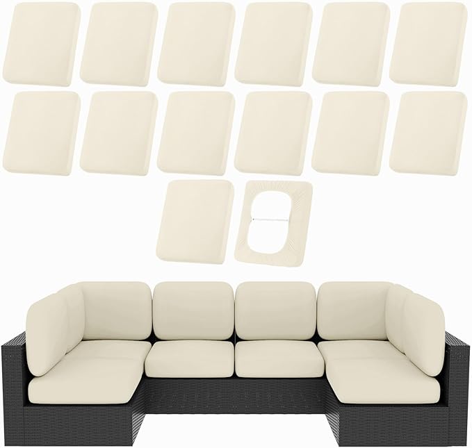 hyha 14Pcs Patio Cushion Covers, Stretch Outdoor Couch Cushion Covers Replacement, Washable Outdoor Chair/Sofa Slipcovers for Patio Furniture Cushions Protector with Elastic Bottom(Beige,Cover Only)