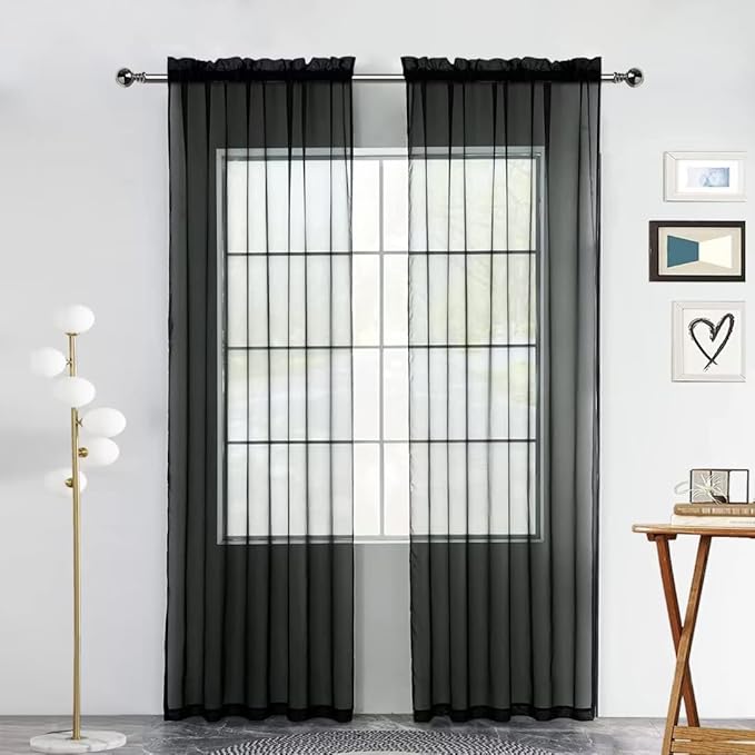 SpaceDresser Sheer Voile Window Treatment Rod Pocket Curtain Panels for Kitchen Bedroom Living Room Drapes Sunlight Filtering Privacy Semi Home Decor Assorted (Black, 52 W x 63 L)