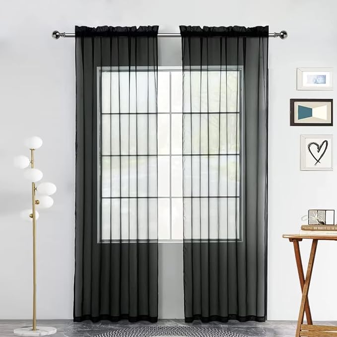 SpaceDresser Sheer Voile Window Treatment Rod Pocket Curtain Panels for Kitchen Bedroom Living Room Drapes Sunlight Filtering Privacy Semi Home Decor Assorted (Black, 52 W x 84 L)