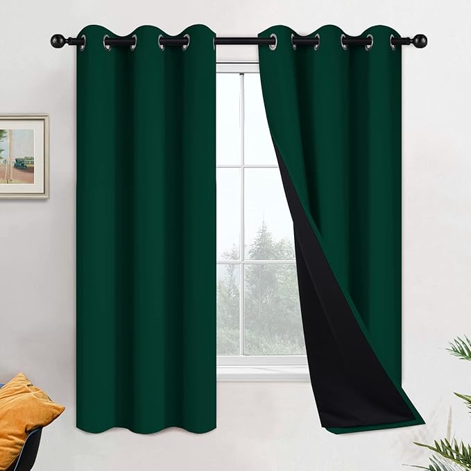 Yakamok 100% Blackout Thermal Insulated Curtains,Room Darkenning Curtains Soundproof Window Treatment Drapes for Living Room(42Wx63L,Dark Green, 2 Panels)