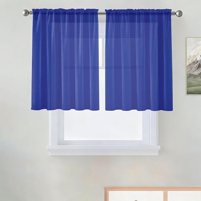 SpaceDresser Basic Rod Pocket Sheer Voile Window Curtain Panels Sapphire 1 Pair 2 Panels 52 Width 36 Inch Long for Kitchen Bedroom Children Living Room Yard（Sapphire, 52W x 36L）
