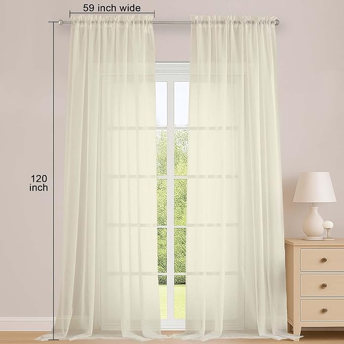 OWENIE Cream Sheer Curtains 120 Inches Long 2 Panels Set, Airy Lightweight Sheer Cream Curtains for Living Room Bedroom, Farmhouse Voile Filmy Rod Pocket Curtains Drapes, 2 Pcs, 59" Wx120 L Inch