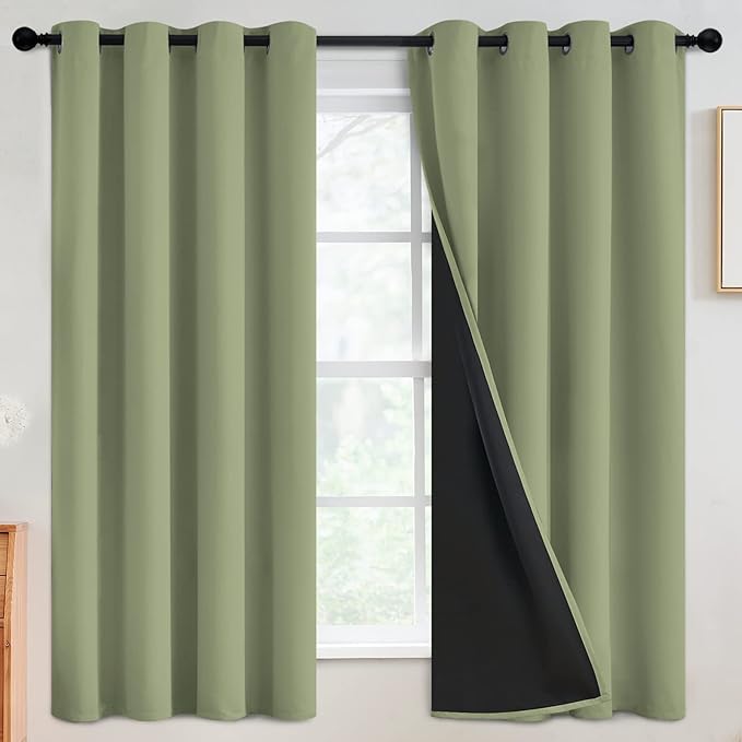 SimpleHome 100% Blackout Curtains for Bedroom,Thermal Insulated Grommet Window Drapes Room Darkening Sage Curtains for Living Room with Black Back,52 x 63 Inch,2 Panels