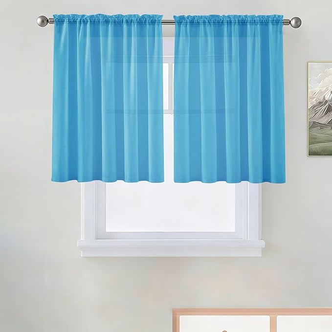 SpaceDresser Basic Rod Pocket Sheer Voile Window Curtain Panels Cyan Blue 1 Pair 2 Panels 52 Width 36 Inch Long for Kitchen Bedroom Children Living Room Yard（Cyan Blue, 52W x 36L）