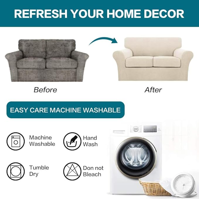 Turquoize 3 Piece Sofa Covers for 2 Cushion Couch Sofa Slipcover Soft Cover for Dogs-Washable Furniture Covers with 2 Individual Cushion Covers, Feature Jacquard Fabric(Loveseat, Biscotti Beige)