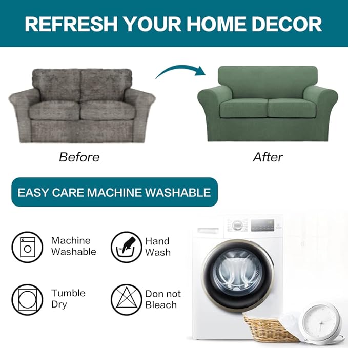 Turquoize 3 Piece Sofa Covers for 2 Cushion Couch Sofa Slipcover Soft Couch Cover for Dogs-Washable Sofa Furniture Covers with 2 Individual Cushion Covers, Jacquard Fabric (Loveseat, Loden Frost)