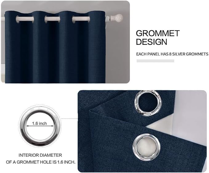 MIULEE 90 Inches Linen Textured Curtains for Bedroom 100% Blackout Thermal Insulated Midnight Blue Grommet Room Darkening Curtains & Drapes Luxury Decor for Living Room Nursery 52 x 90 Inch (2 Panels)