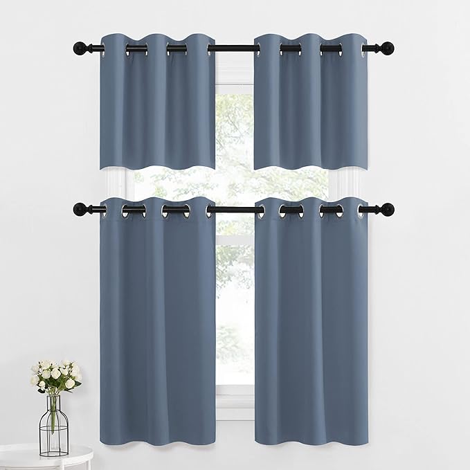 NICETOWN Window Short Curtains for Kitchen, Home Fashion Solid Grommet Top Blackout Thermal Insulated Curtain Drapes for Cafe Window, W 42 x L 36-inch 1.2 inches Header, Stone Blue, 2 Panels