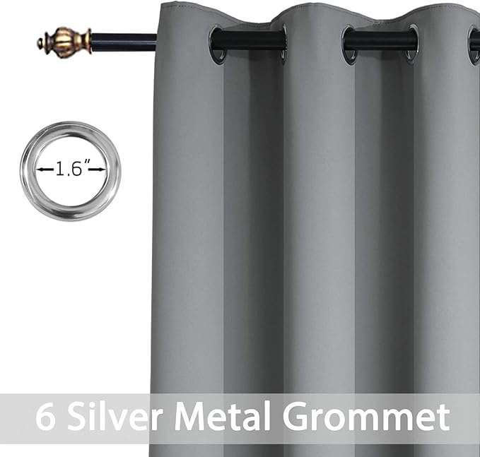Yakamok Blackout Curtains Room Darkening Thermal Insulated Window Panels,Solid Grommet Top Drapes for Bedroom/Living Room(38Wx90L, Grey, 2 Panels)