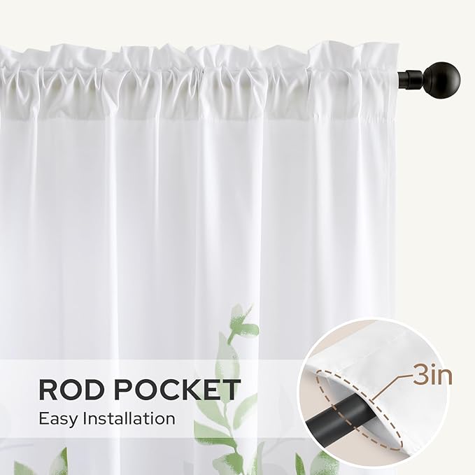 HOMEIDEAS Non-See-Through Sage Green and White Privacy Sheer Curtains 52 X 96 Inches Long 2 Panels, Leaf Floral Printed Light Filtering Semi Sheer Window Curtains Drapes for Bedroom Living Room