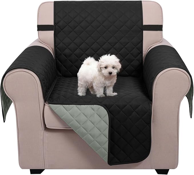 U-NICE HOME Recliner Chair Covers Reversible Chair Cover for Dogs with Elastic Straps Water Resistant Diamond Quilted (23''Armchair, Black/Grey)