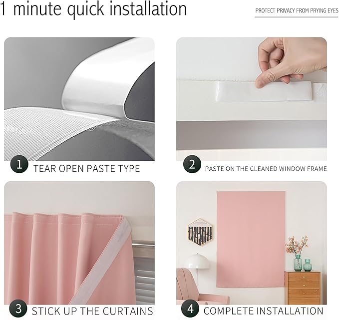 Self Adhesive Blackout Curtains- Stick on Curtains Shades Window Blinds Curtains No Rod Needed Easy to Hang Curtain, Use for Bedroom, Living Room,Roman Shades, 35" W X 59" L, Pink, 1 Panel
