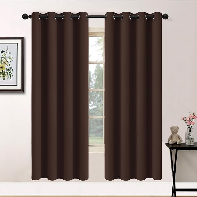 Yakamok Blackout Curtains Room Darkening Thermal Insulated Window Panels,Solid Grommet Top Drapes for Bedroom/Living Room(52Wx72L, Chocolate Brown, 2 Panels)