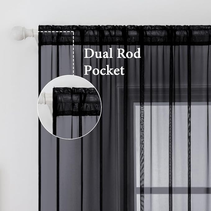 MIULEE 2 Panels Solid Color Sheer Window Curtains Elegant Halloween Window Voile Panels/Drapes/Treatment for Bedroom Living Room (54X96 Inches Black)