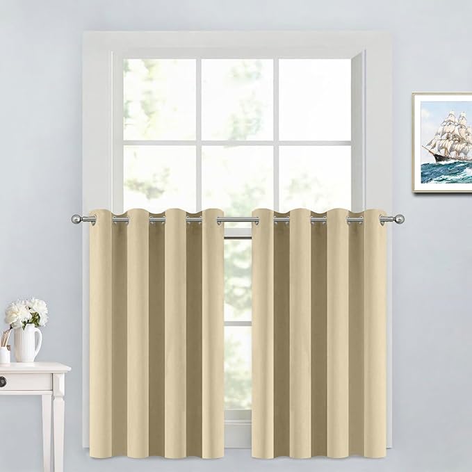 Yakamok 36 Inch Curtains Blackout Window Curtains for Kitchen, Grommet Room Darkening Thermal Insulated Sunlight Block Drapes for Living Room, W 52 x L 36, Beige, 2 Panels