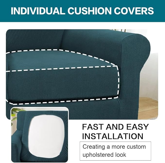 Turquoize 2 Piece Chair Covers Chair Slipcovers for Living Room Armchair Couch Cover Chair Sofa Cover with Individual Cushion Covers Furniture Cover for Chairs Feature Thick Fabric (Chair, Deep Teal)