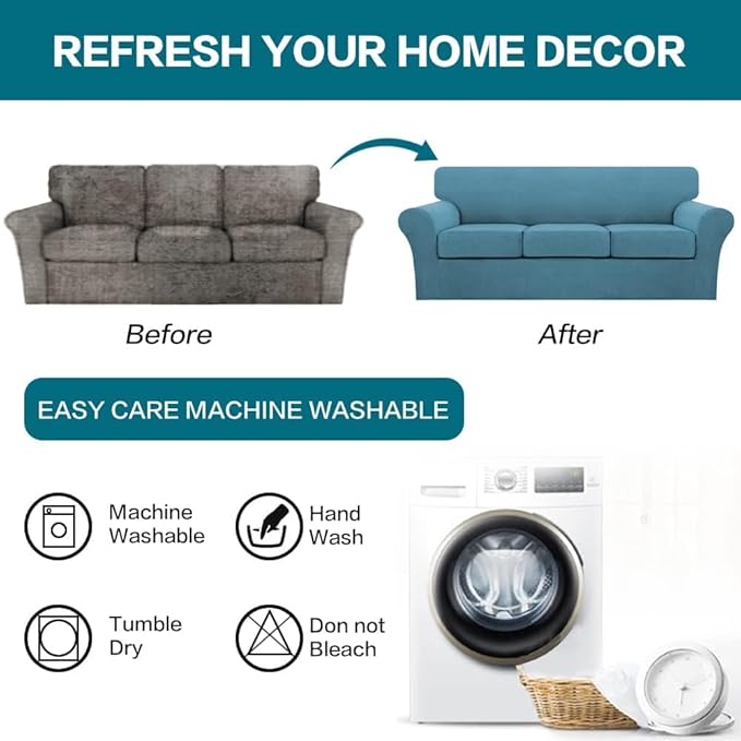 Turquoize 4 Piece Sofa Covers for 3 Cushion Couch Sofa Slipcover Soft Couch Cover for Dogs Washable Furniture Cover with 3 Individual Large Cushion Covers Feature Fabric (Large Sofa, Storm Blue)